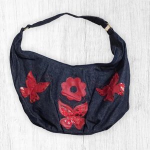 Red Flower Denim Shoulder Bag